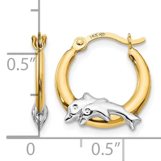 Two-tone gold hoop earrings with a dolphin charm, shown from front and side views with a measurement scale indicating approximately 0.5 inch diameter.