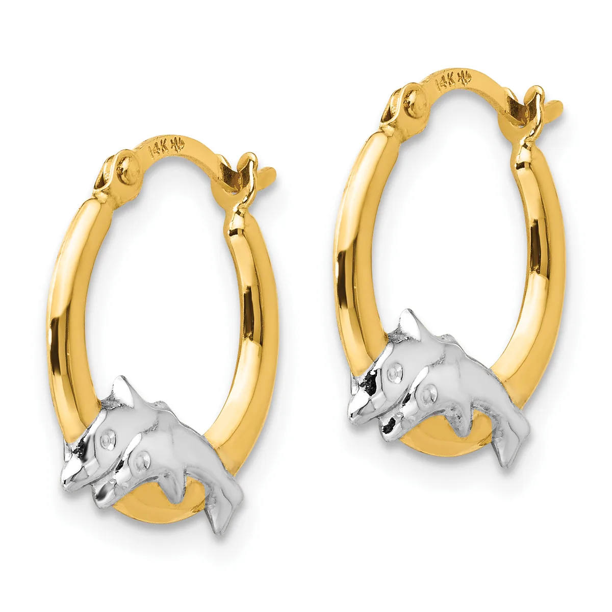 Pair of gold hoop earrings with two-tone finish featuring white gold dolphin charms suspended from the bottom, shown on white background.