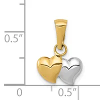 Two-tone gold heart pendant with yellow gold and white gold hearts side by side, shown next to a measurement scale indicating approximately 0.5 inches in height.