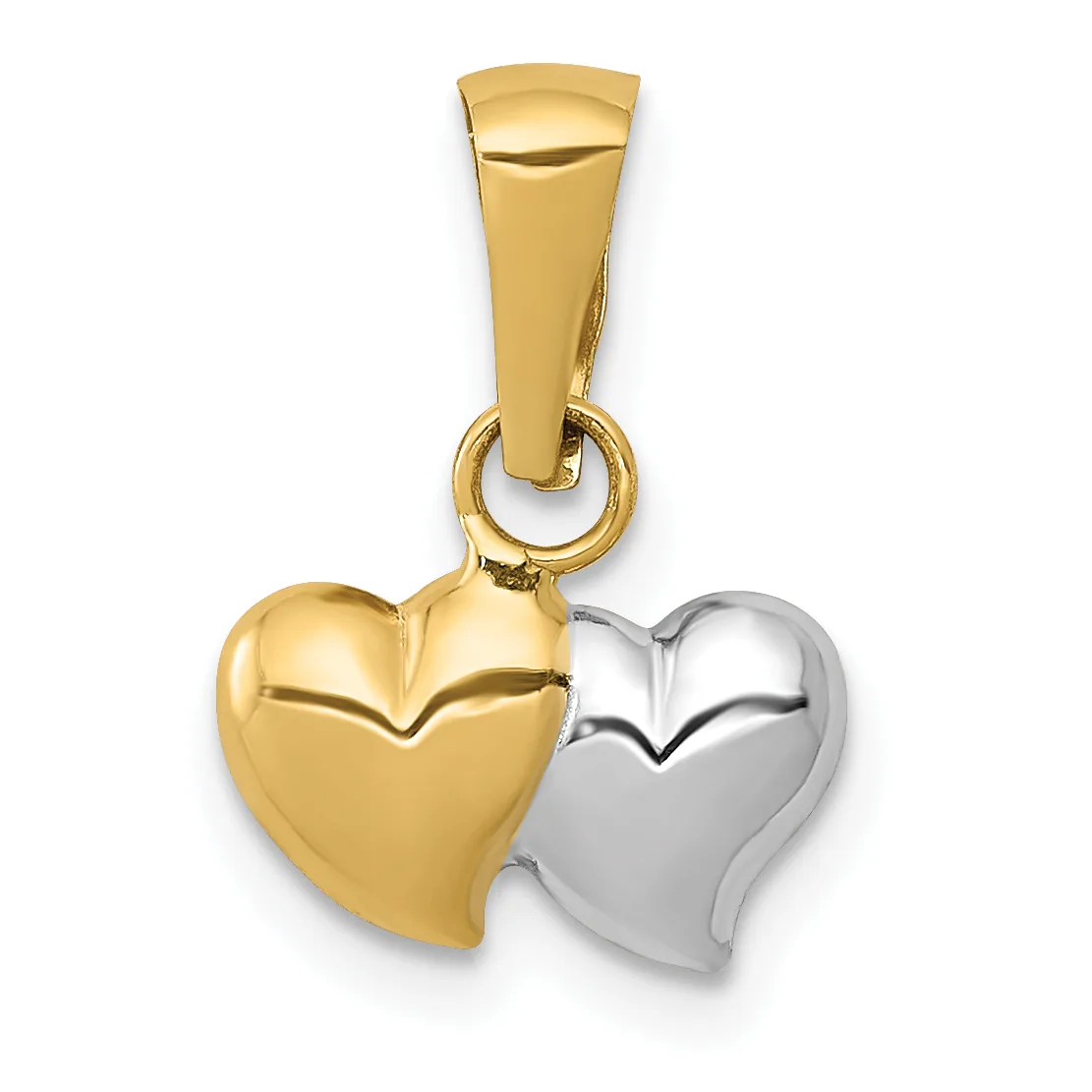 A two-tone gold and silver heart pendant with a polished finish, featuring a gold bail at the top for hanging on a chain.