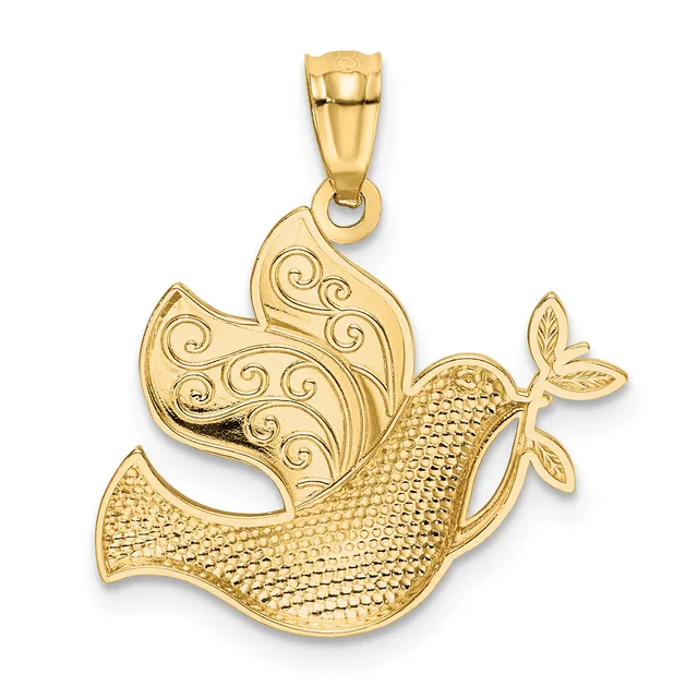 A gold dove pendant with an ornate scrolled wing, textured body, and olive branch in its beak, shown with a bail loop at the top.