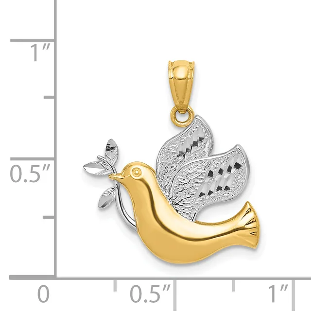 Two-tone gold and silver dove pendant with olive branch, shown against a measurement scale indicating approximately one inch in height.