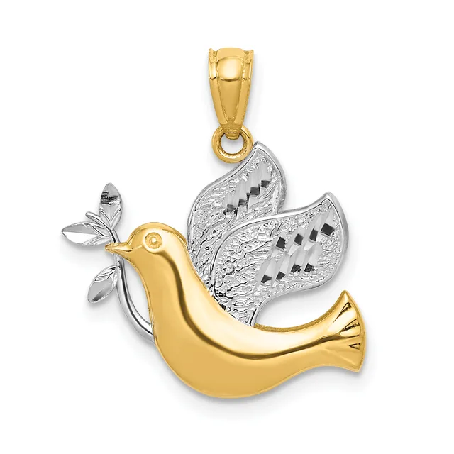 Two-tone gold dove pendant with yellow gold body and white gold textured wings, holding an olive branch, suspended from a yellow gold bail.