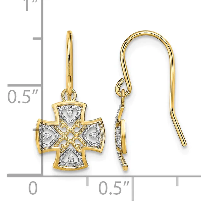 Two-tone gold cross earrings with heart motifs and diamond accents, shown with measurement scale indicating approximately half-inch length.