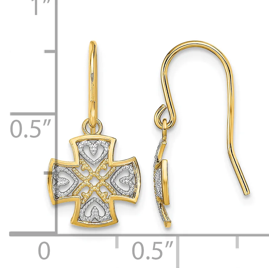 Two-tone gold cross earrings with heart motifs and diamond accents, shown with measurement scale indicating approximately half-inch length.