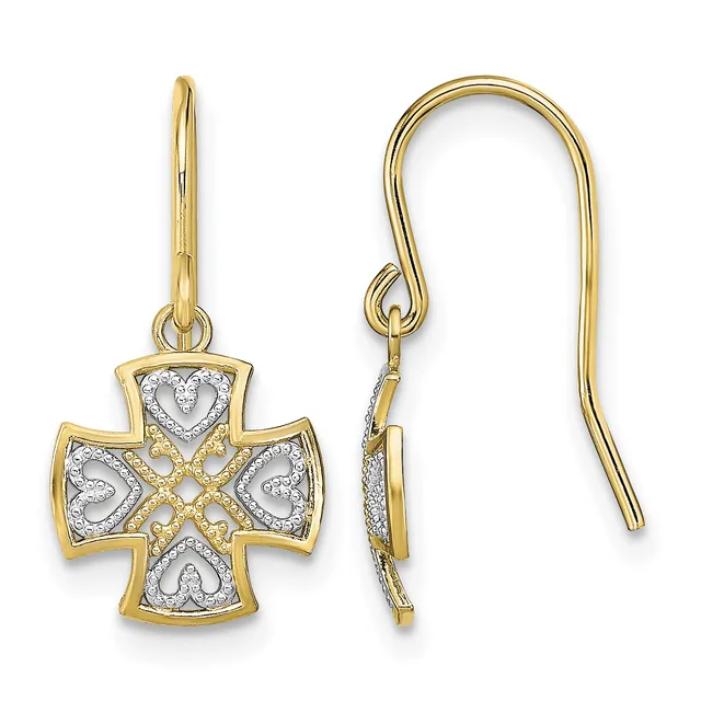 Pair of gold and silver cross earrings with heart designs, shown front and side view with fish hook ear wires.