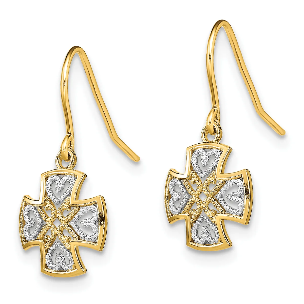 A pair of gold and silver cross-shaped drop earrings with textured centers and smooth gold frames, suspended from gold ear wires.