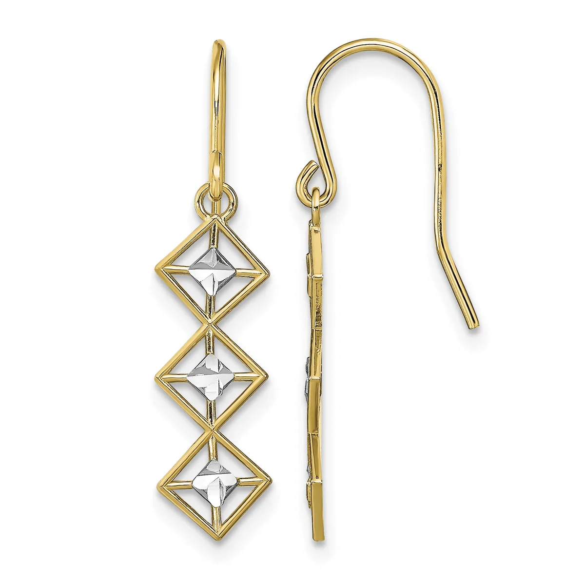 A pair of gold dangle earrings with fish hook wires featuring three stacked four-pointed diamond-shaped frames with white metal centers, shown front and back views.