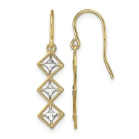 A pair of gold dangle earrings with fish hook wires featuring three stacked four-pointed diamond-shaped frames with white metal centers, shown front and back views.