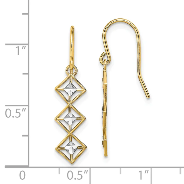Gold and silver two-tone dangle earrings with three stacked diamond-shaped frames suspended from curved ear wires, shown next to a measurement scale.