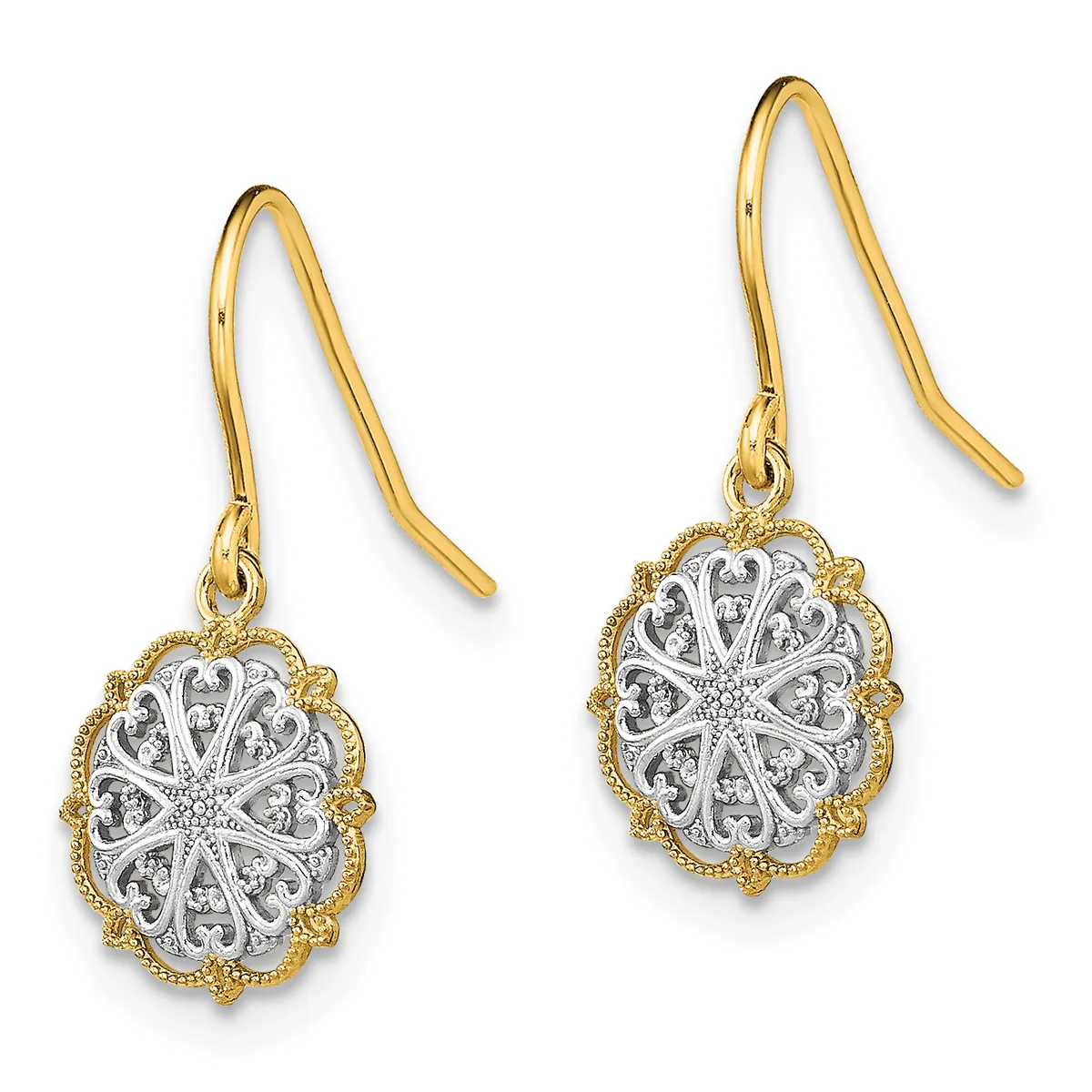 Pair of two-tone gold and silver ornate oval filigree earrings with gold ear wires displayed against a white background.