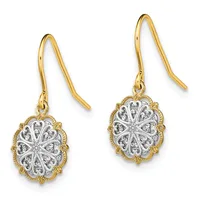 Pair of two-tone gold and silver ornate oval filigree earrings with gold ear wires displayed against a white background.