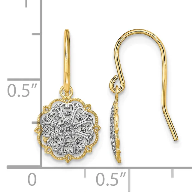 A pair of two-tone gold earrings with ornate circular pendants featuring filigree detailing, shown next to a measurement scale indicating approximately 0.5 inches in length.