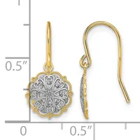 A pair of two-tone gold earrings with ornate circular pendants featuring filigree detailing, shown next to a measurement scale indicating approximately 0.5 inches in length.