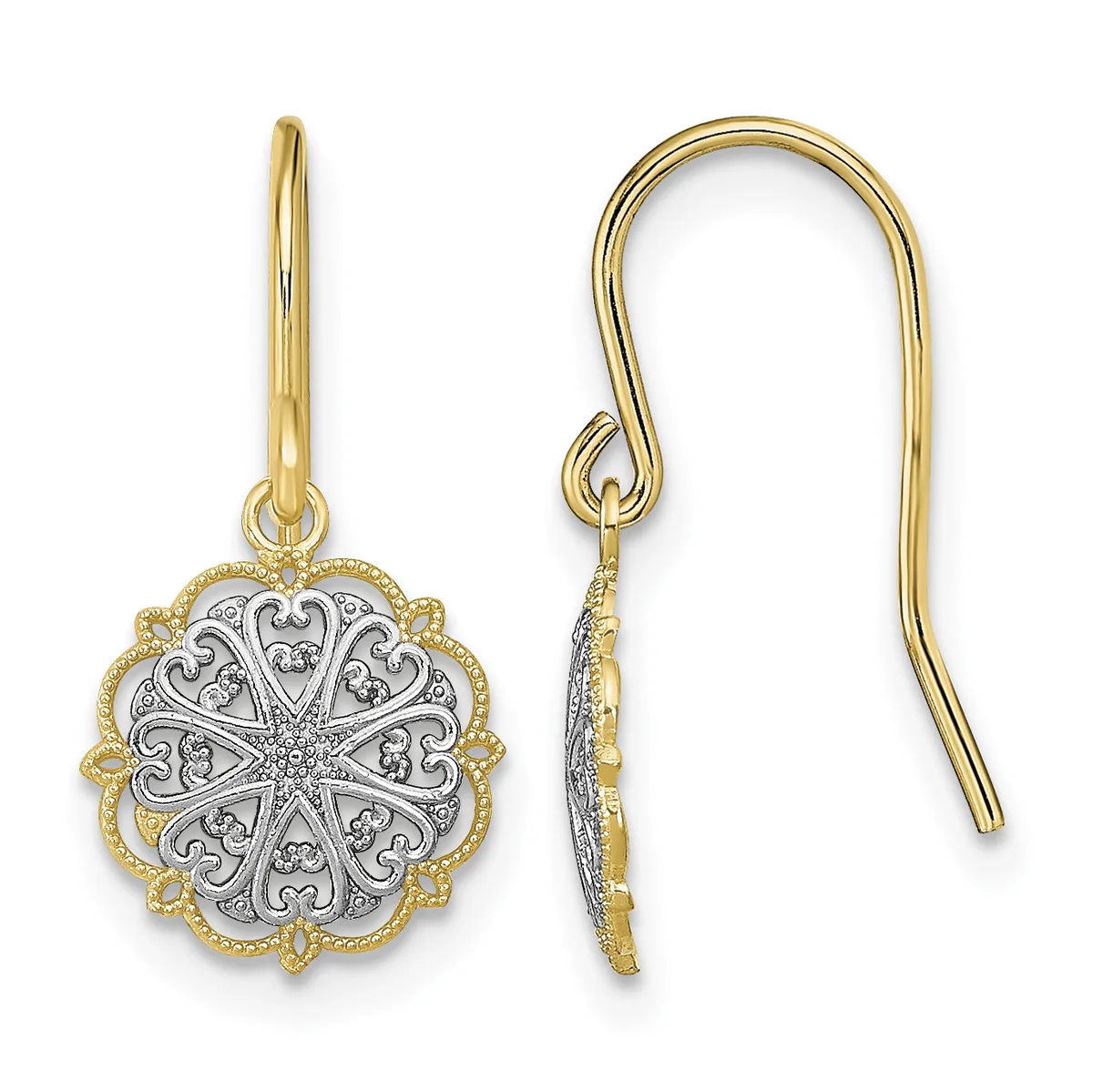 Pair of two-tone gold dangle earrings with ornate filigree circular pendants featuring white and yellow gold, shown front and side view.