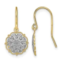 Pair of two-tone gold dangle earrings with ornate filigree circular pendants featuring white and yellow gold, shown front and side view.