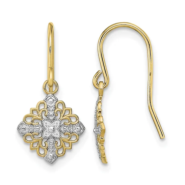 A pair of gold and diamond cross-shaped dangle earrings with ornate scrollwork details on fish hook wires, shown from front and side views.