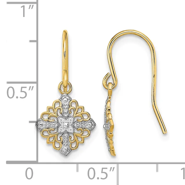 Pair of gold and diamond ornate cross earrings with decorative filigree details and fish hook ear wires, shown next to a ruler measuring approximately 0.75 inches in length.