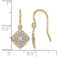 Pair of gold and diamond ornate cross earrings with decorative filigree details and fish hook ear wires, shown next to a ruler measuring approximately 0.75 inches in length.