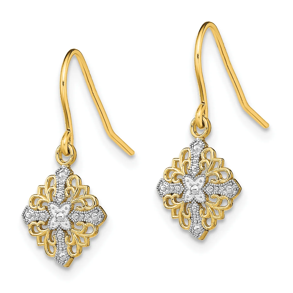 Pair of gold and diamond drop earrings with ornate floral filigree designs and hook-style ear wires.