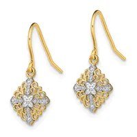 Pair of gold and diamond drop earrings with ornate floral filigree designs and hook-style ear wires.
