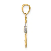 A two-tone gold pendant charm featuring an oval loop at the top connected to a chain link with a small stamped hallmark, hanging vertically against a white background.