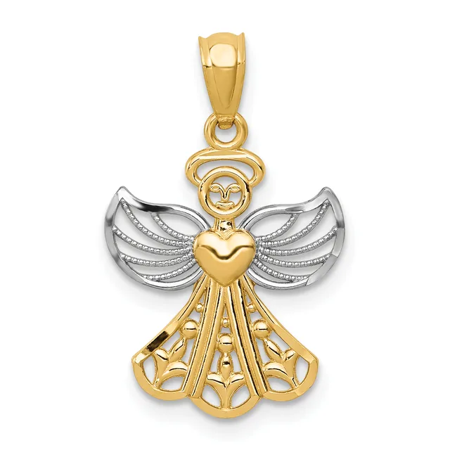 Two-tone gold and silver angel pendant with a round face, heart-shaped body, textured wings, and an ornate skirt section, suspended from a gold bail.
