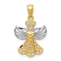 Two-tone gold and silver angel pendant with a round face, heart-shaped body, textured wings, and an ornate skirt section, suspended from a gold bail.
