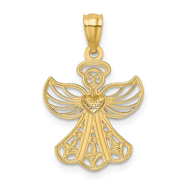 Gold pendant featuring an angel with a halo, heart-shaped chest, and detailed wings, suspended from a bail loop.