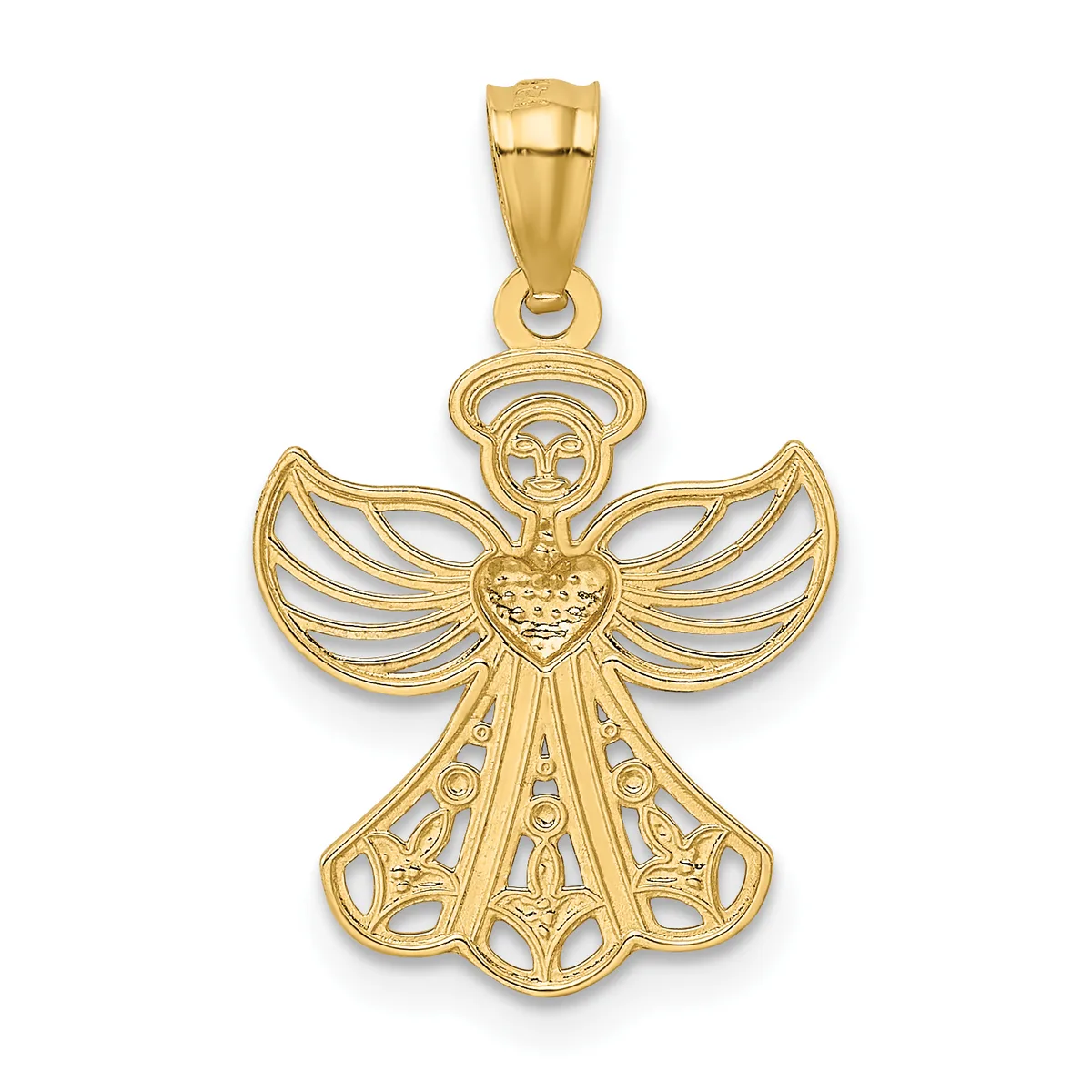 Gold pendant featuring an angel with a halo, heart-shaped chest, and detailed wings, suspended from a bail loop.