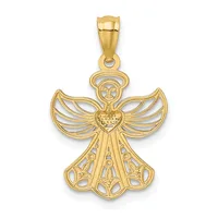 Gold pendant featuring an angel with a halo, heart-shaped chest, and detailed wings, suspended from a bail loop.