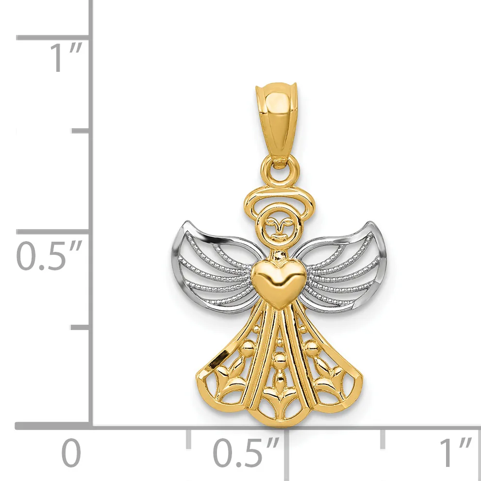Two-tone gold angel pendant with a smiling face, heart-shaped body, and textured wings, shown next to a ruler for scale.