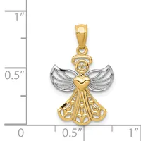 Two-tone gold angel pendant with a smiling face, heart-shaped body, and textured wings, shown next to a ruler for scale.