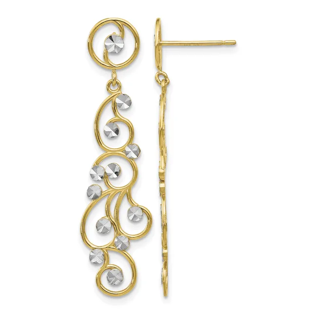 Pair of gold-toned dangle earrings with scrolling spiral designs embellished with faceted round crystal stones, shown from front and side views.