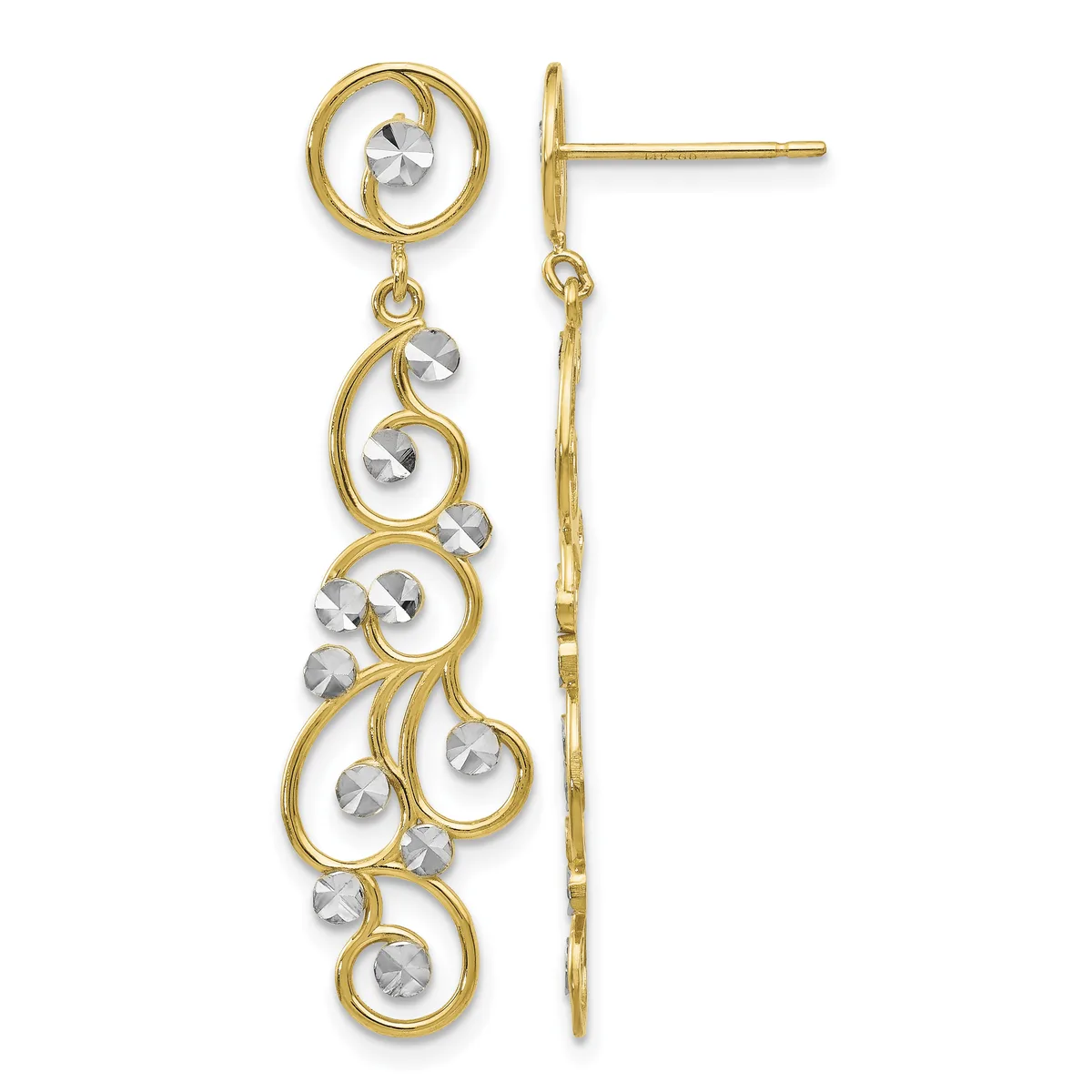 Pair of gold-toned dangle earrings with scrolling spiral designs embellished with faceted round crystal stones, shown from front and side views.