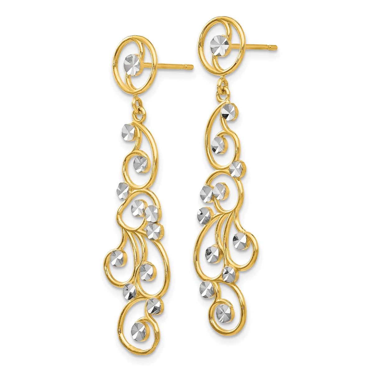 Pair of gold drop earrings with ornate scrollwork designs featuring white stone accents, displayed against a white background.