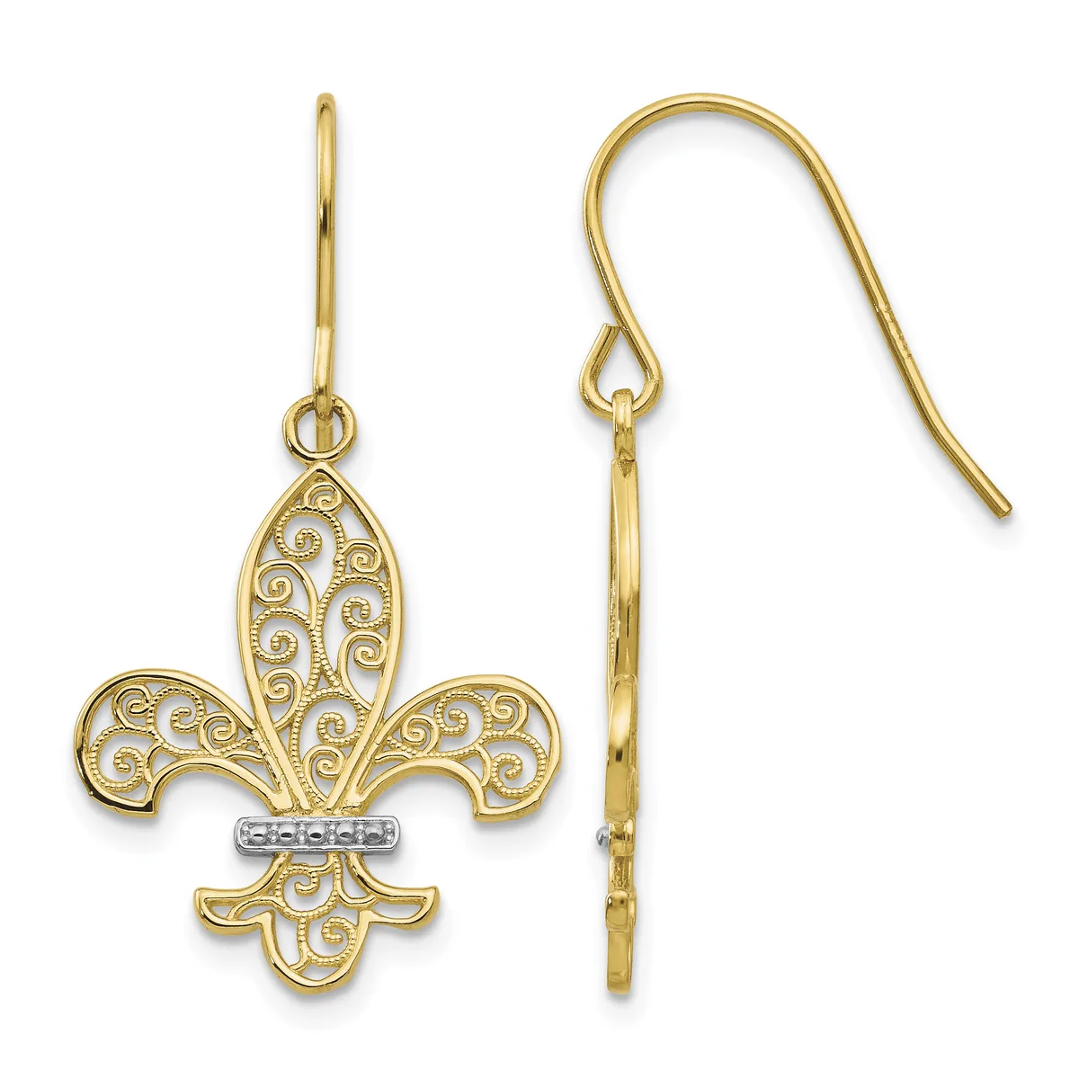 A pair of gold fleur-de-lis drop earrings with filigree detailing and diamond accents, shown from front and side views.
