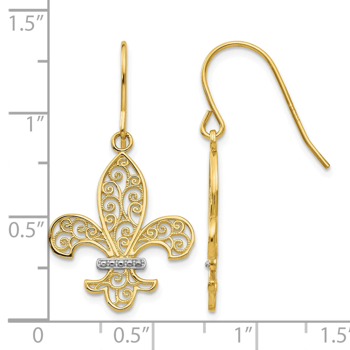 Gold filigree fleur-de-lis earrings with fish hook wires, shown front and side view against a measurement scale.