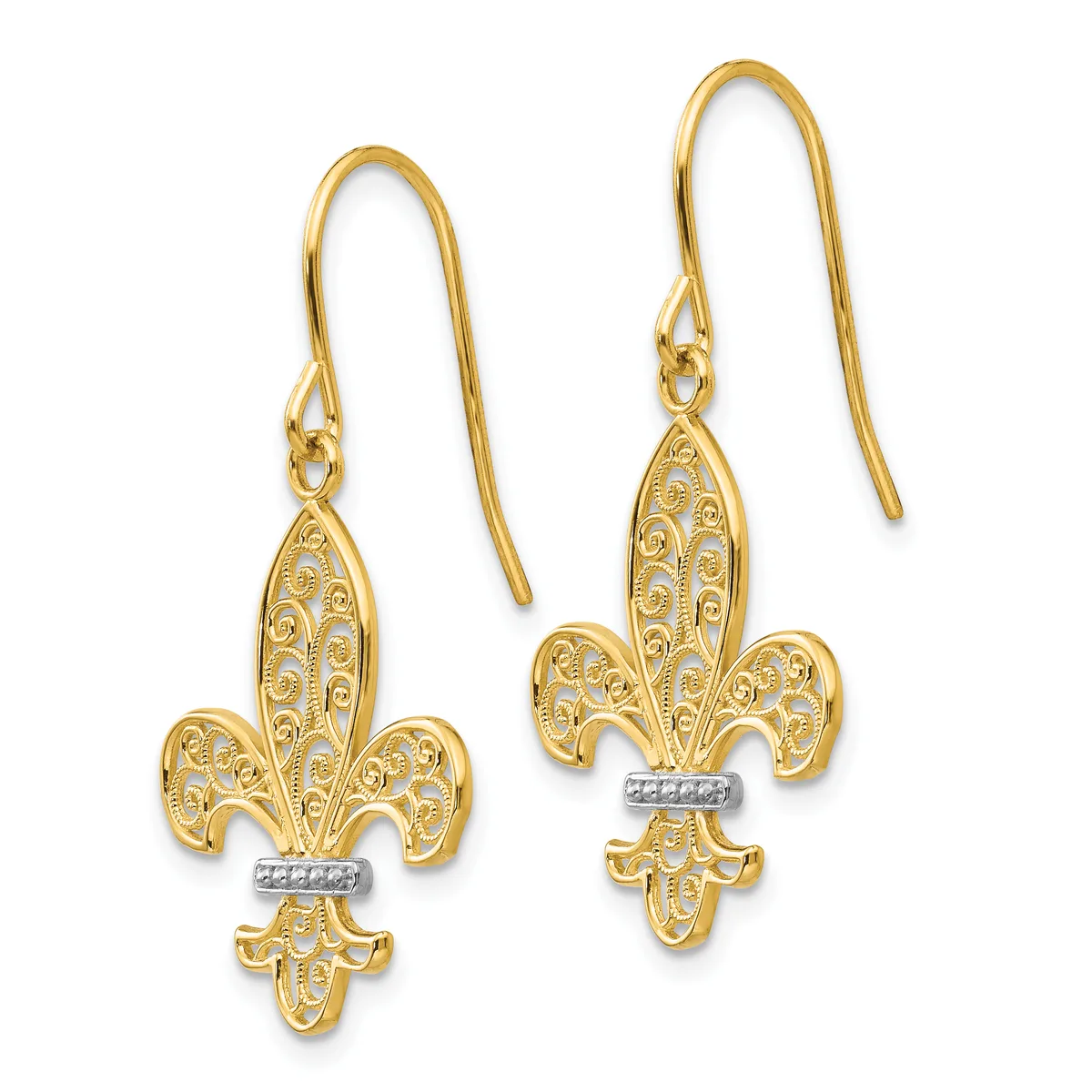Pair of gold fleur-de-lis drop earrings with filigree detailing and diamond accents, shown hanging against a white background.