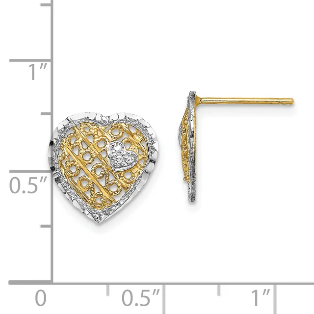 Two-tone heart-shaped stud earrings with gold filigree pattern and diamond accents, shown next to a measurement ruler indicating approximately half-inch size.
