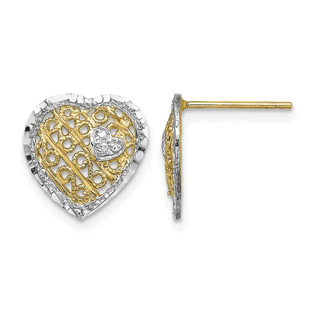 Two-tone heart-shaped stud earrings with yellow gold filigree pattern and white gold border set with small diamonds, shown from front and side views.