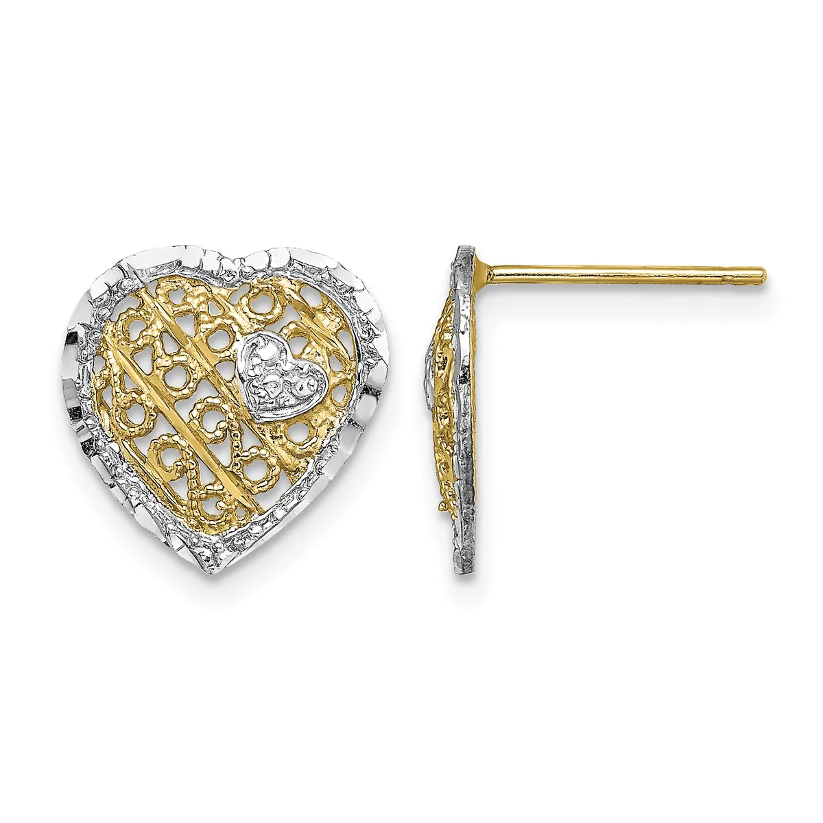 Two-tone heart-shaped stud earrings with yellow gold filigree pattern and white gold border set with small diamonds, shown from front and side views.