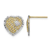 Two-tone heart-shaped stud earrings with yellow gold filigree pattern and white gold border set with small diamonds, shown from front and side views.
