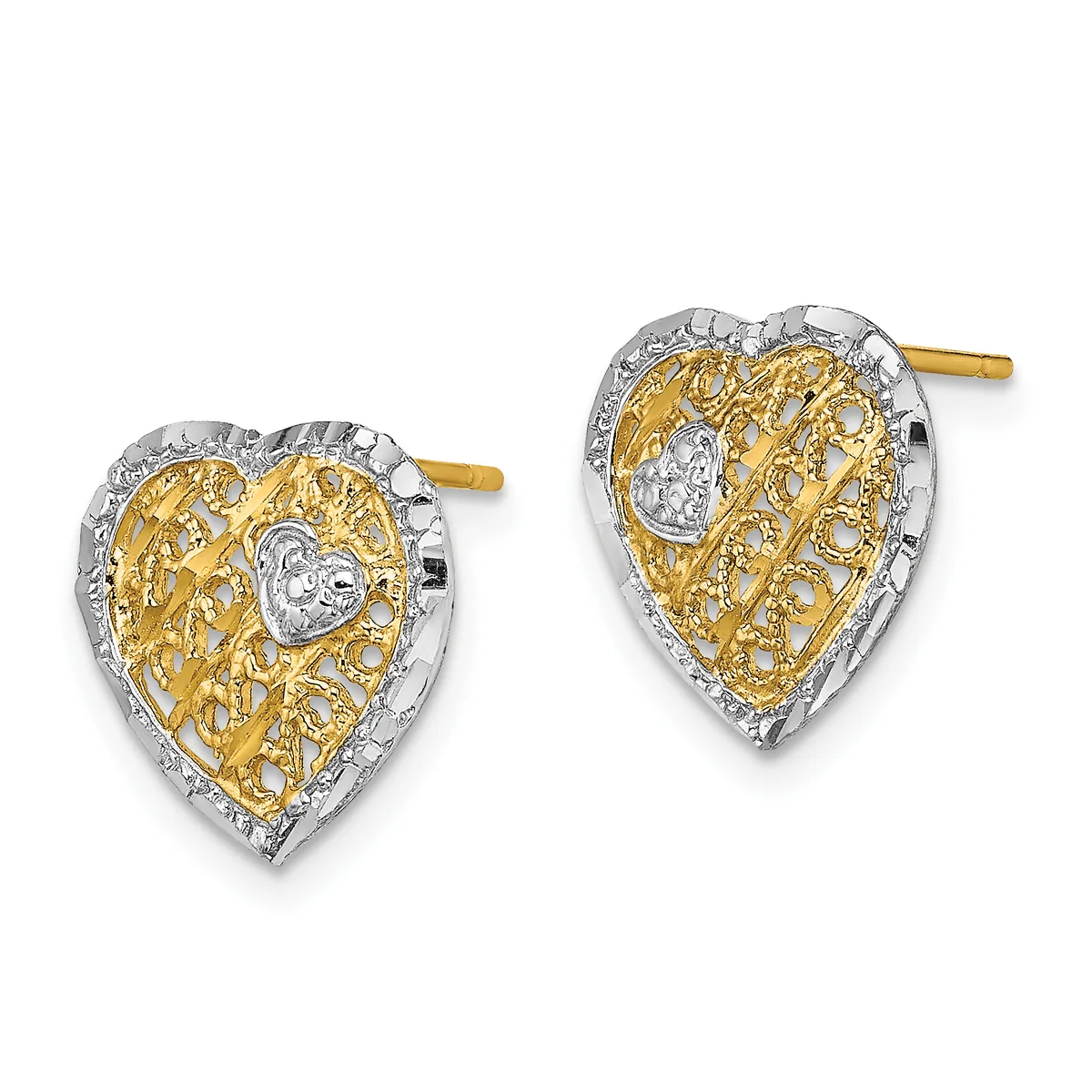 A pair of heart-shaped stud earrings with gold filigree centers surrounded by silver borders and diamond accents, shown from the front on a white background.