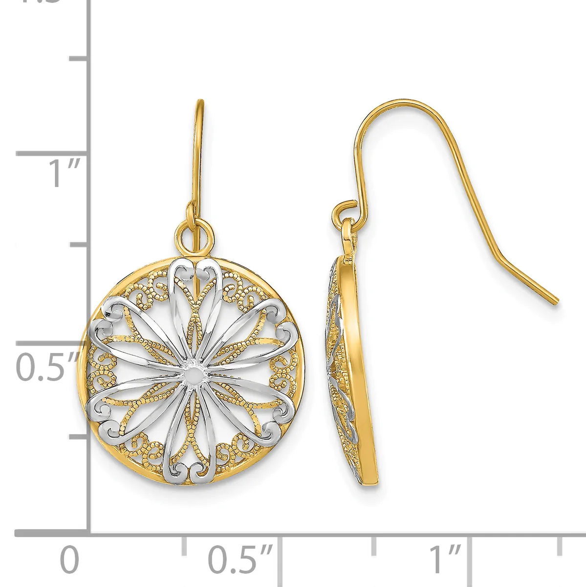Pair of two-tone gold dangle earrings with circular filigree flower design and fish hook backs, shown next to a ruler measuring approximately one inch in length.