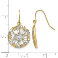 Pair of two-tone gold dangle earrings with circular filigree flower design and fish hook backs, shown next to a ruler measuring approximately one inch in length.