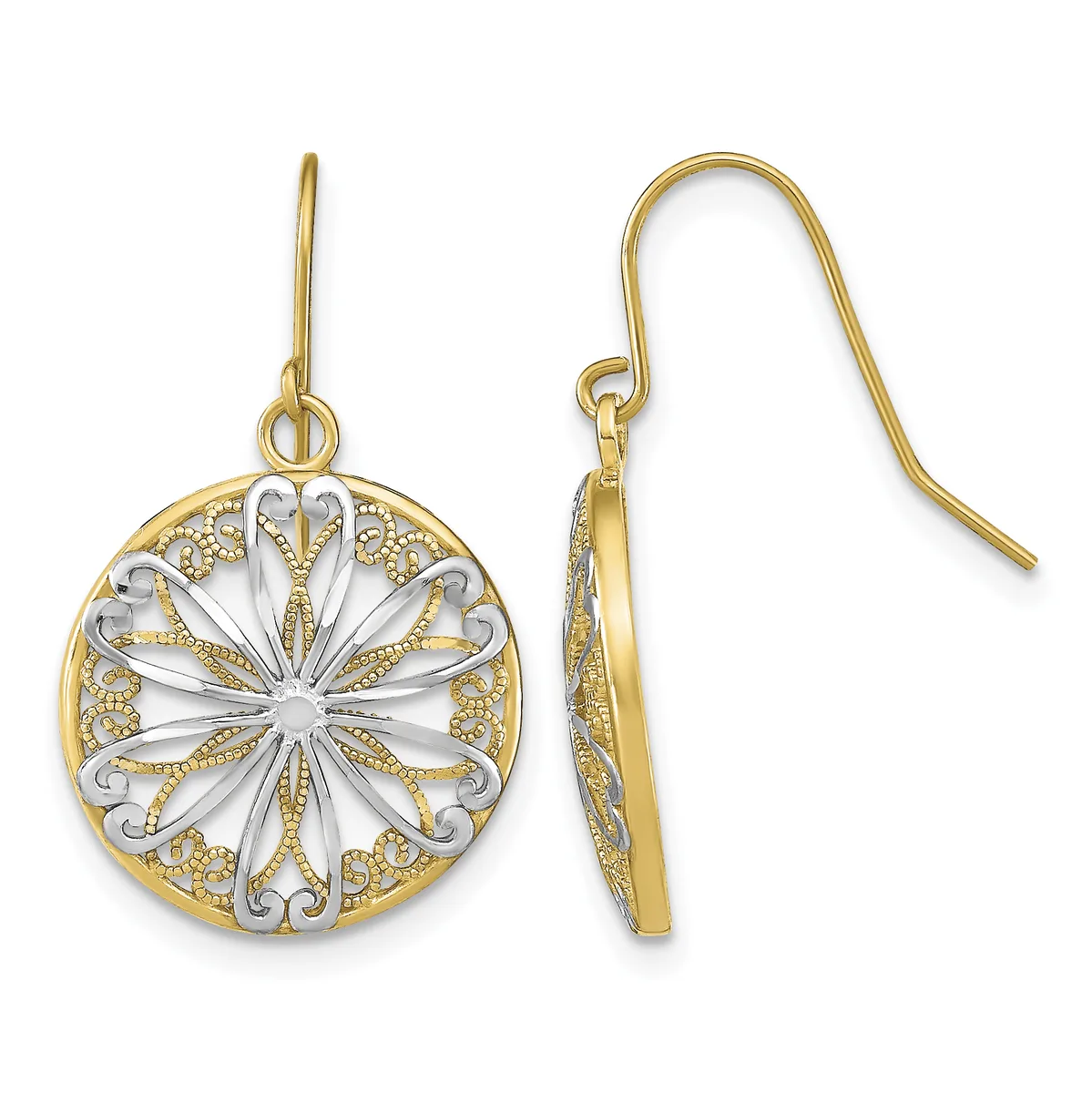 A pair of two-tone gold dangle earrings with circular filigree pendants featuring white metal centers and ornate gold scrollwork, shown from front and side views.