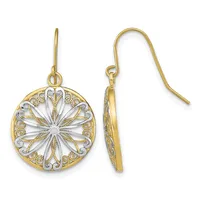 A pair of two-tone gold dangle earrings with circular filigree pendants featuring white metal centers and ornate gold scrollwork, shown from front and side views.