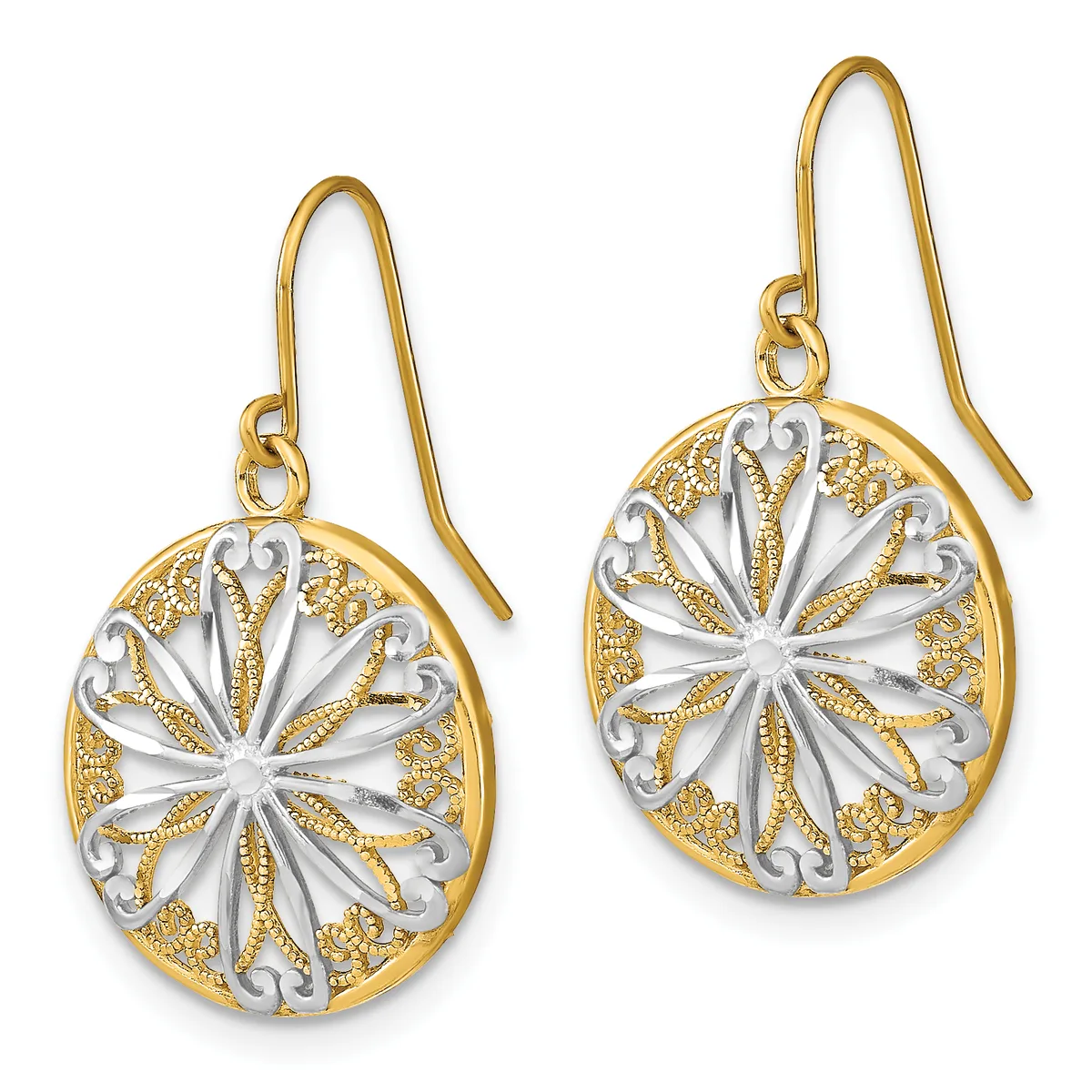 Pair of two-tone gold and silver oval filigree earrings with radiating petal design and fish hook wires.