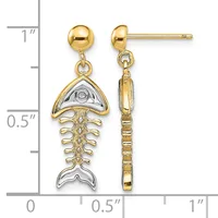 Two-tone gold fish skeleton dangle earrings with ball studs, shown front and side view against a measurement scale.